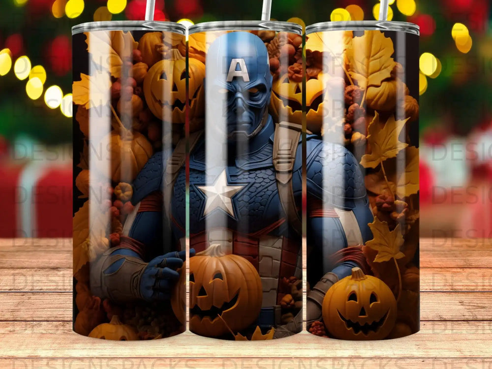 Captain America in front of pumpkins and autumn leaves, Halloween theme.
