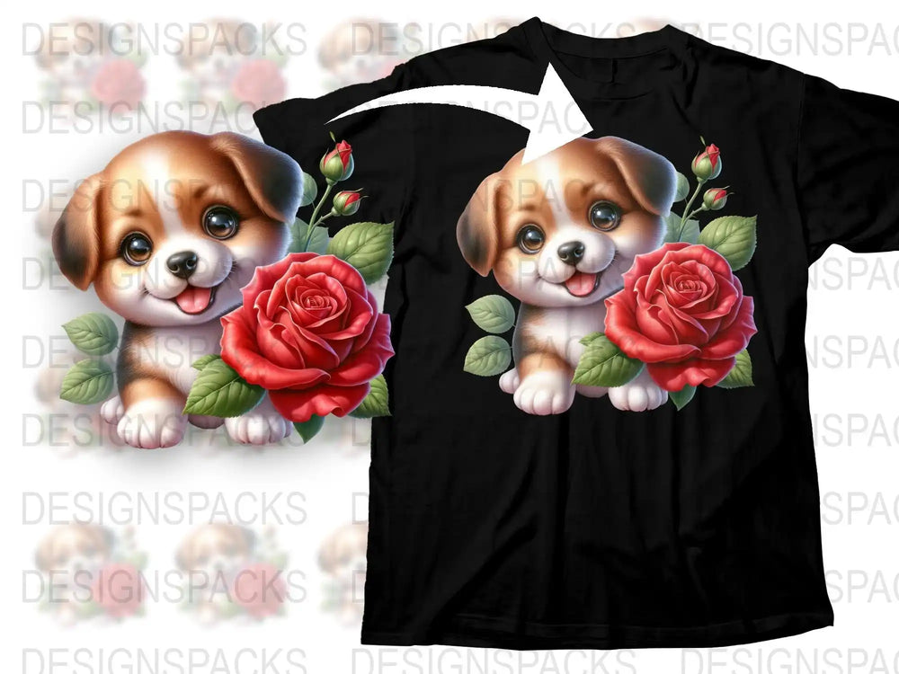 Cute Puppy and Red Roses Graphic T-Shirt, Kawaii Pet Floral Design, Unisex Black Tee, Animal Lover Gift