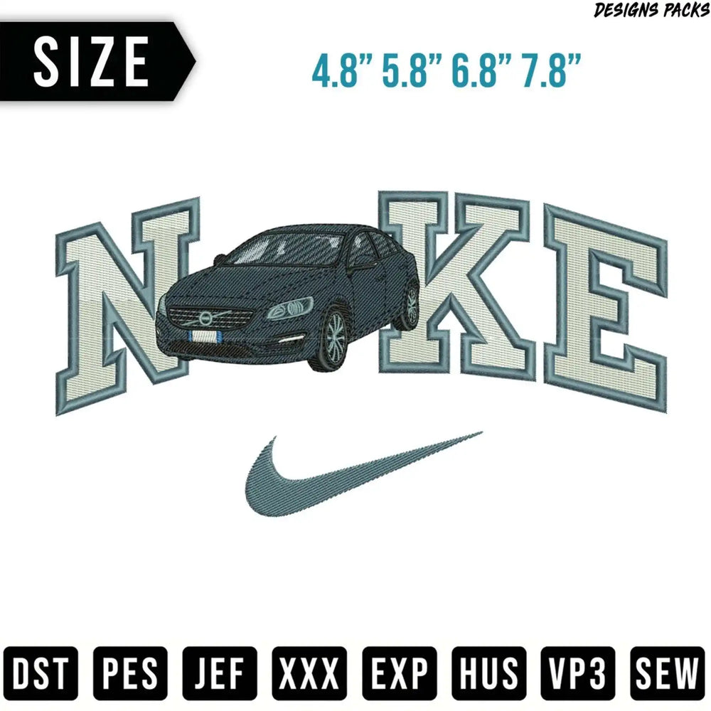 Nike logo with a car silhouette and embroidery file formats.