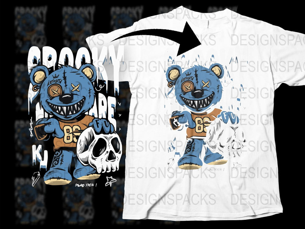 Trendy Blue Bear Graphic T-Shirt, Urban Street Style, Cool Skull Design, Unisex Fashion Tee