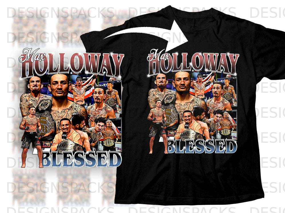 Max Holloway "Blessed" collage graphic on a black t-shirt.