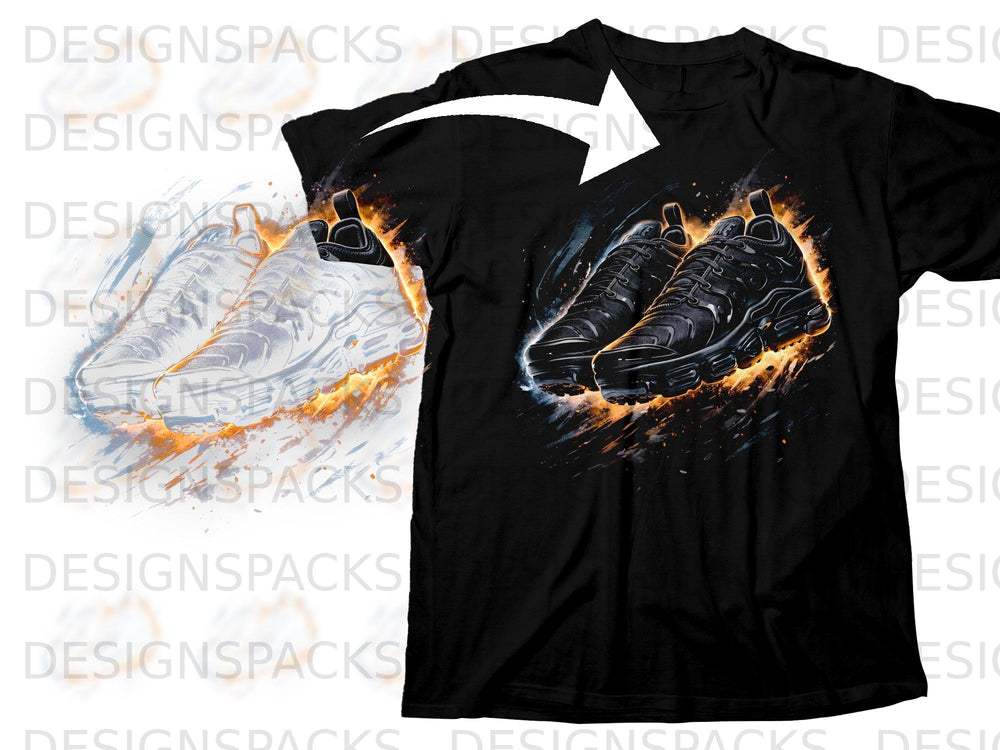 Black t-shirt with graphic of black athletic shoes on fire.