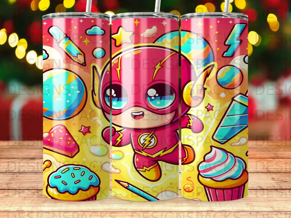 Cartoon Flash character with lightning bolt and desserts on colorful background.