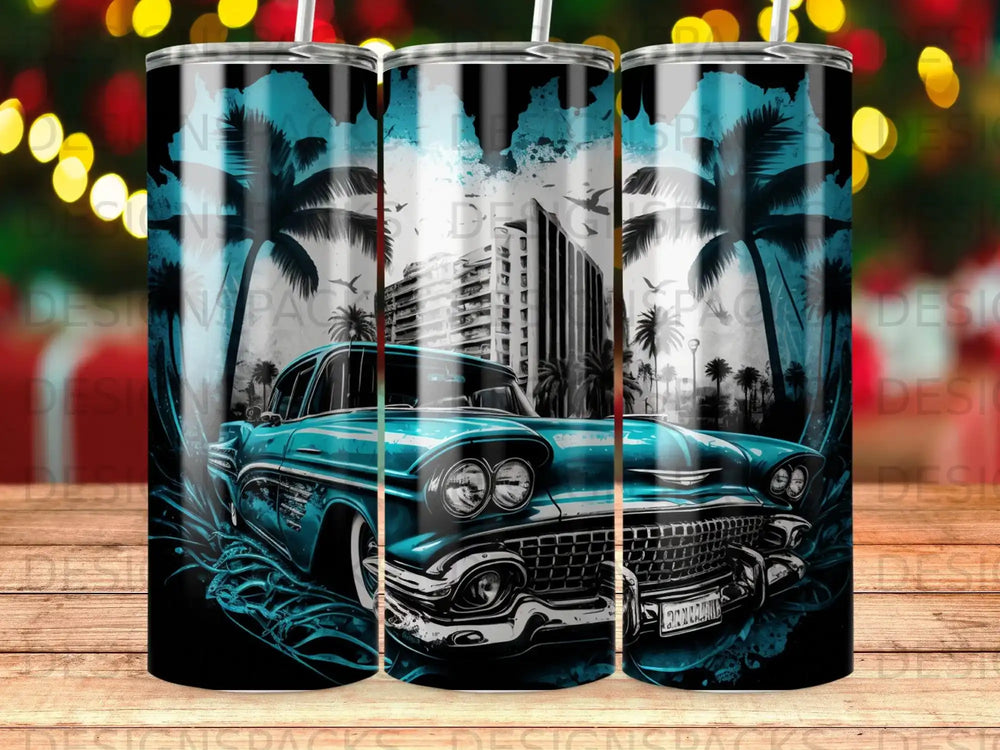 Vintage teal car with palm trees and buildings, art deco style.