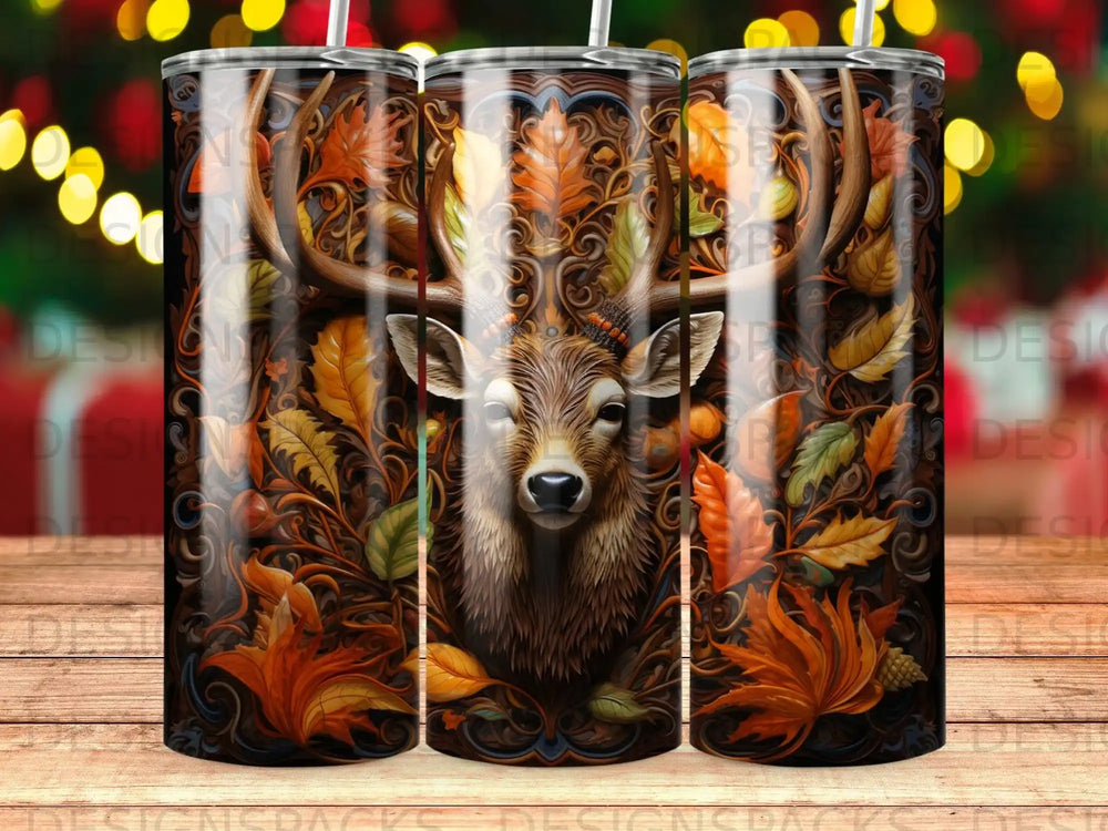 Deer head and autumn leaves pattern on a tumbler.