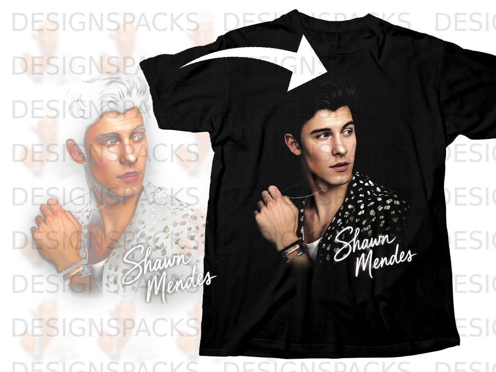 Black t-shirt with a graphic of Shawn Mendes and his name.