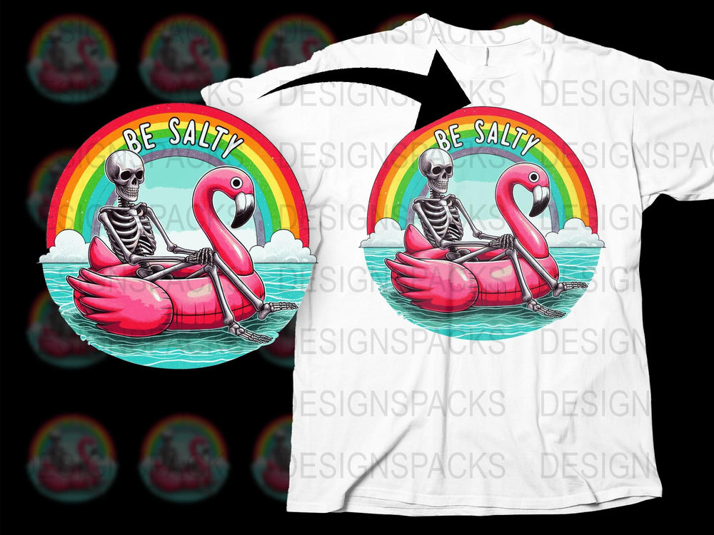 Be Salty Skeleton Flamingo T-Shirt, Funny Summer Beach Tee, Unisex Graphic Shirt, Cool Rainbow and Water Design Tee