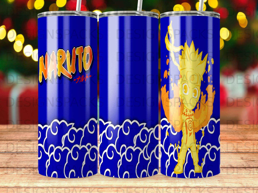 Naruto Uzumaki on a blue tumbler with orange swirls and clouds.