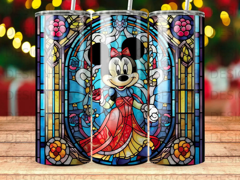 Minnie Mouse in red dress in a stained glass window design.