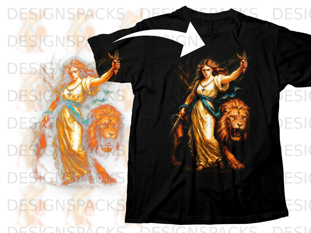 Woman with sword and lion graphic design on a black t-shirt.