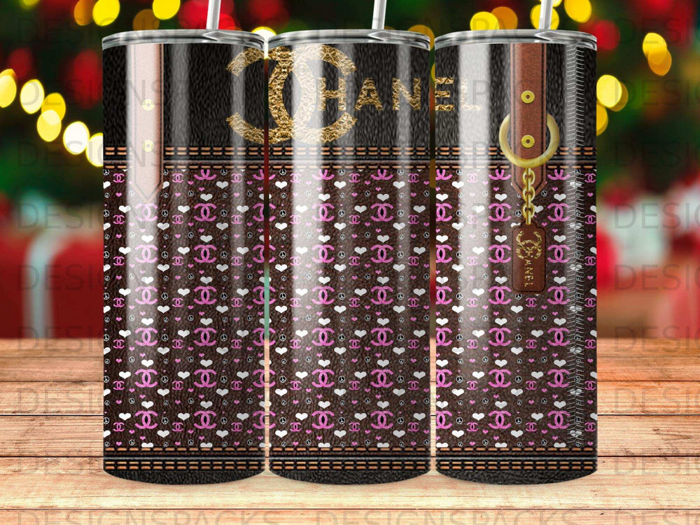 Chanel-patterned tumbler with hearts and peace signs on a dark background.