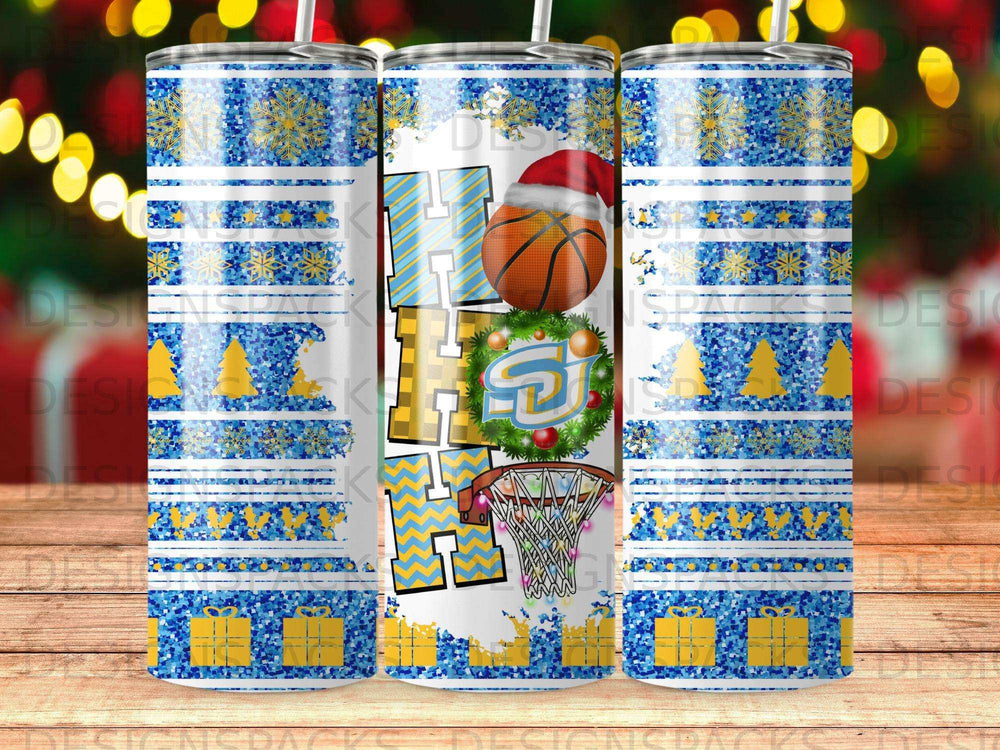 Tumbler with blue and gold snowflake pattern, basketball hoop, and text.