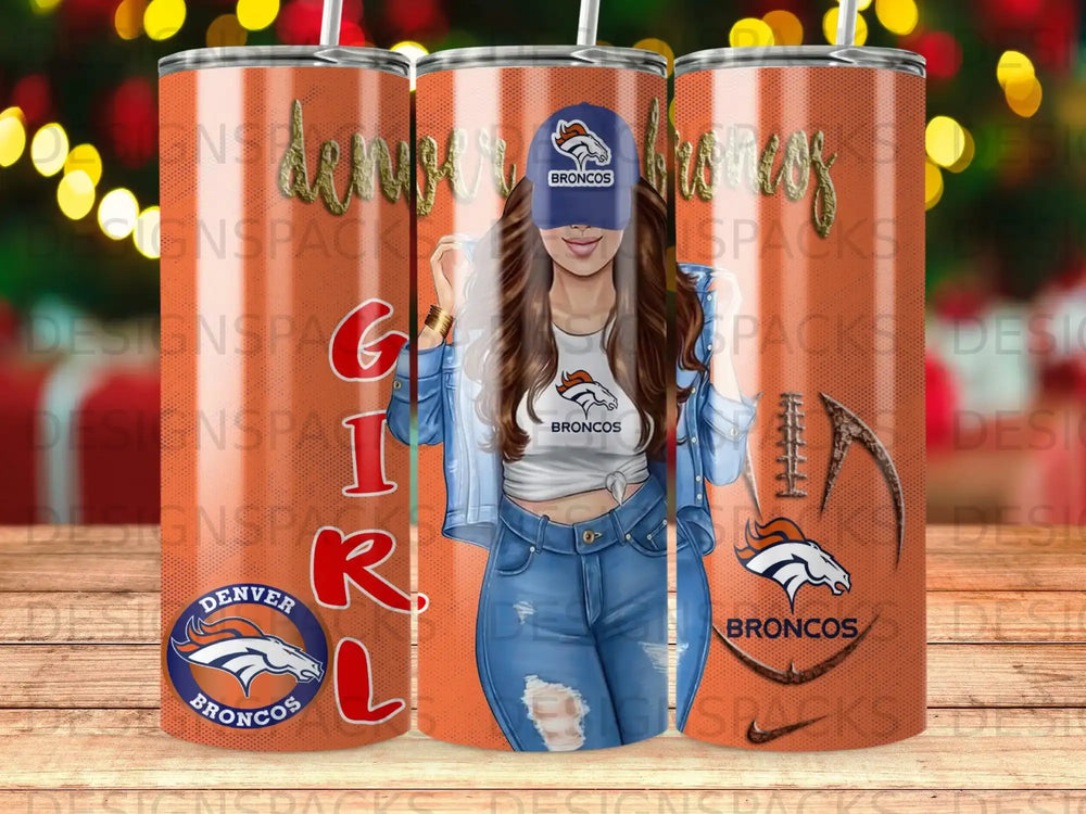 Denver Broncos themed tumbler with a woman and team logos.