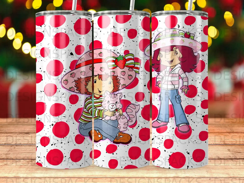 Strawberry Shortcake characters with a cat on a red polka dot background.