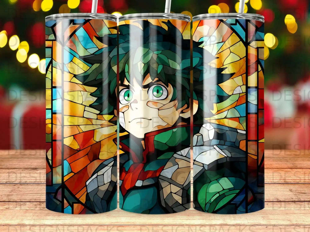 Stained glass style tumbler featuring anime character Midoriya Izuku.