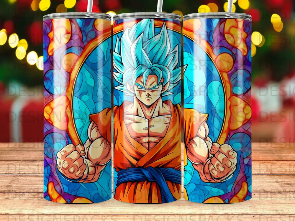 Dragon Ball Z's Goku with blue spiky hair, in stained glass style.