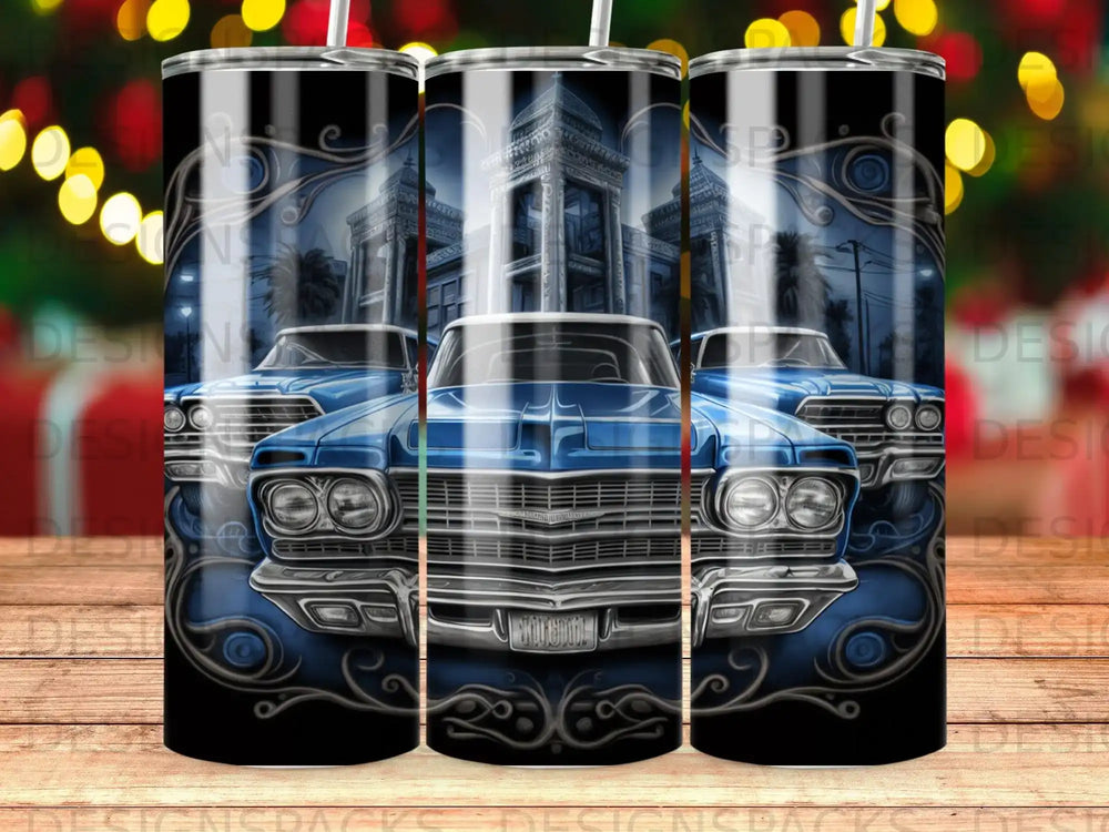 Three classic blue cars with ornate details, centered on a black background.