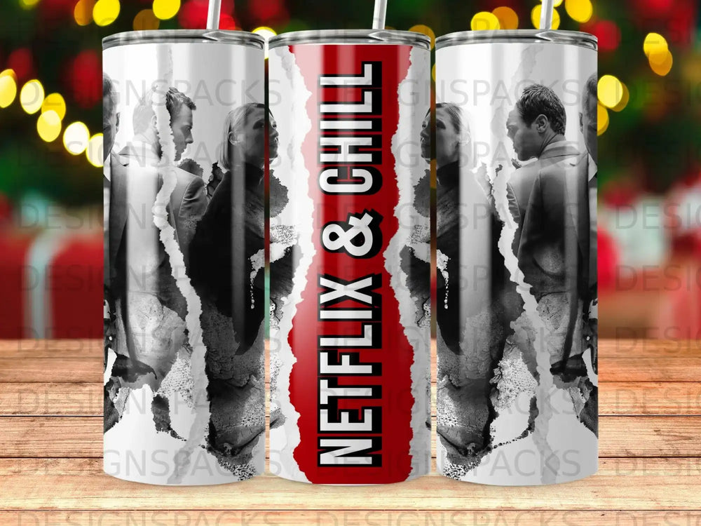 Three tumblers with a distressed Netflix & Chill design.