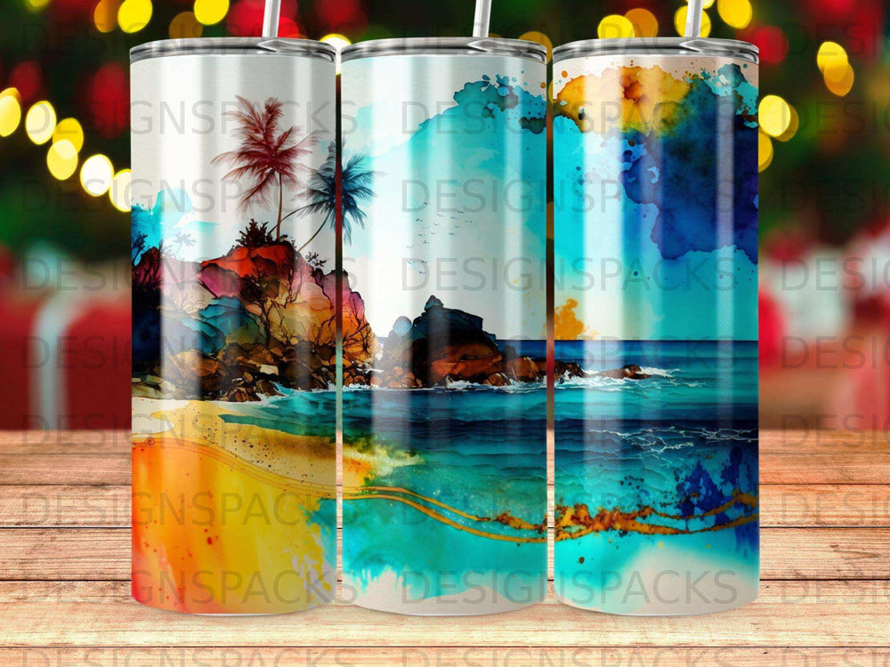 Tropical beach sunset watercolor art on three stacked skinny tumblers.