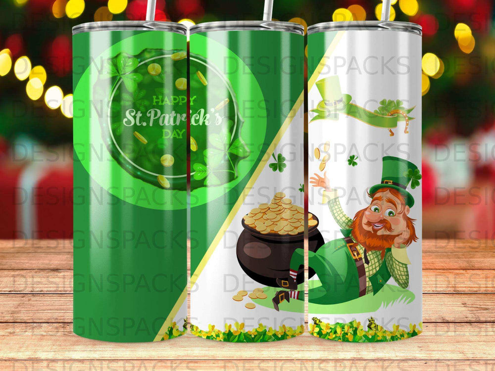 Leprechaun with pot of gold and "Happy St. Patrick's Day" text.