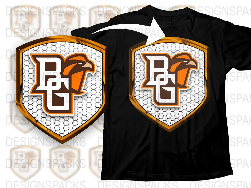 Black T-Shirt with Orange and White Logo, Honeycomb Pattern, Sports Team Graphic Tee
