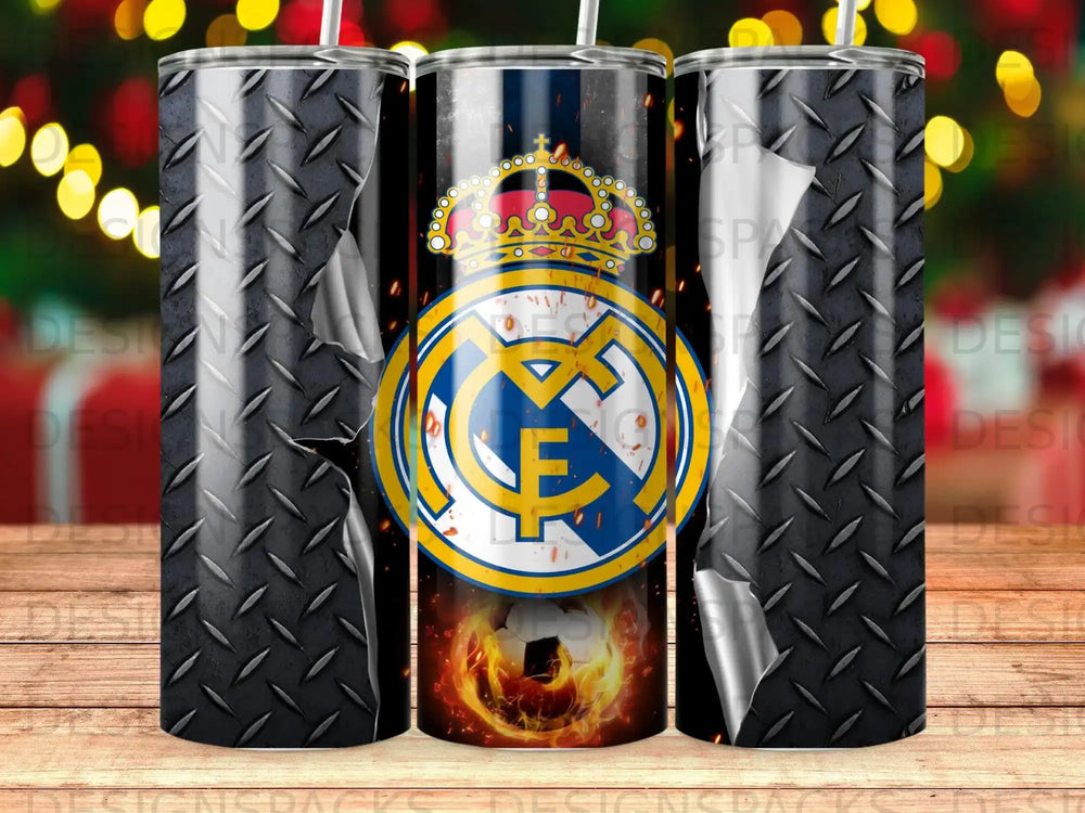 Real Madrid crest with crown and soccer ball on diamond plate background.