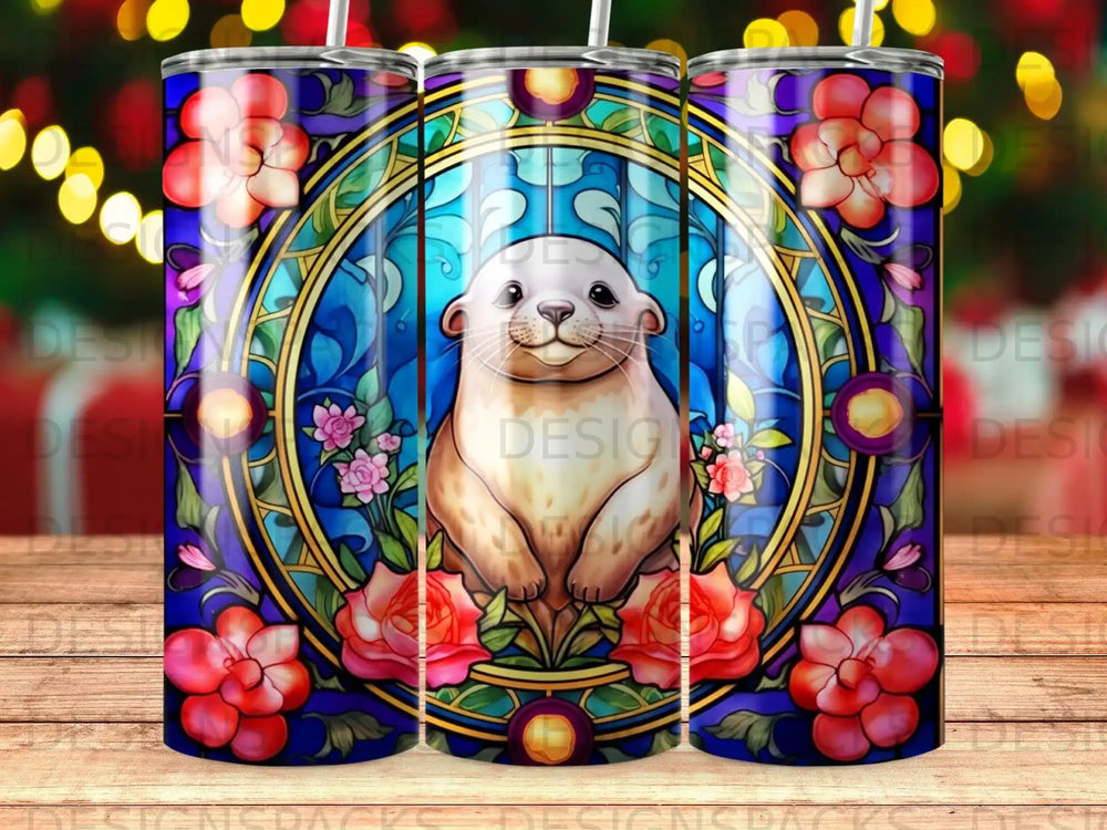 Otter with stained glass floral design and border.