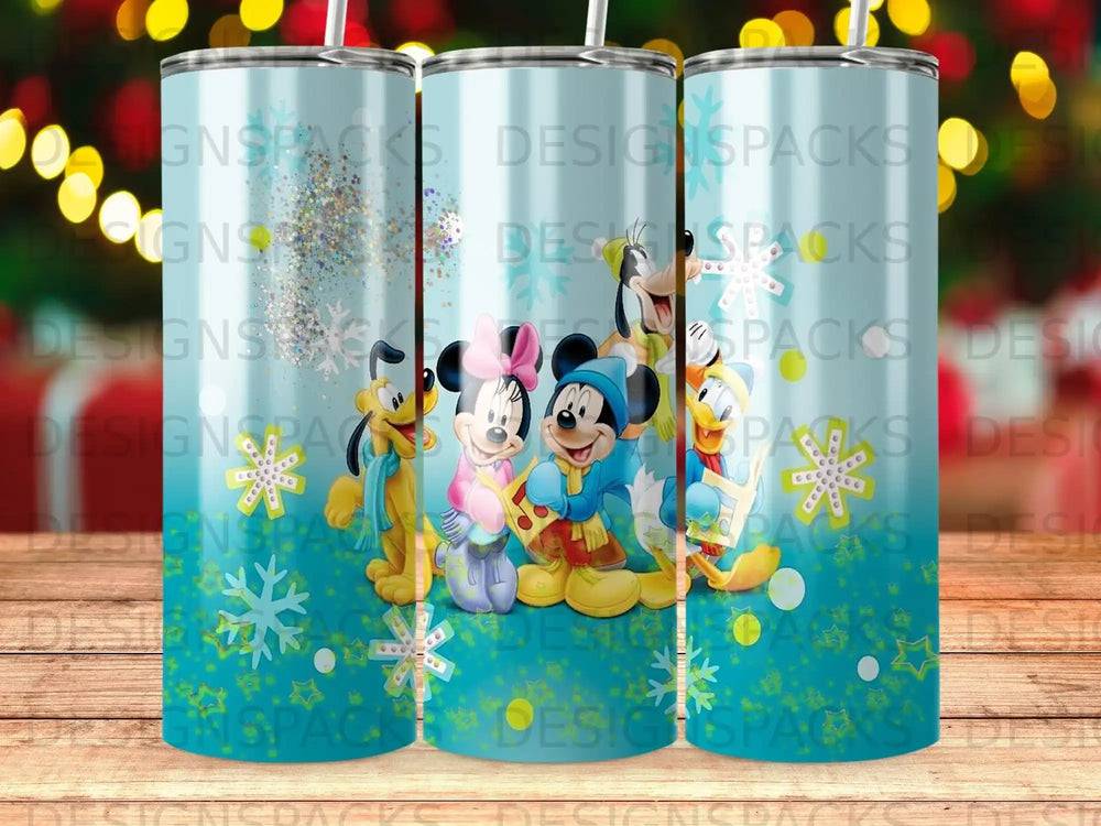 Mickey and Minnie Mouse characters on a blue tumbler with snowflakes and glitter.