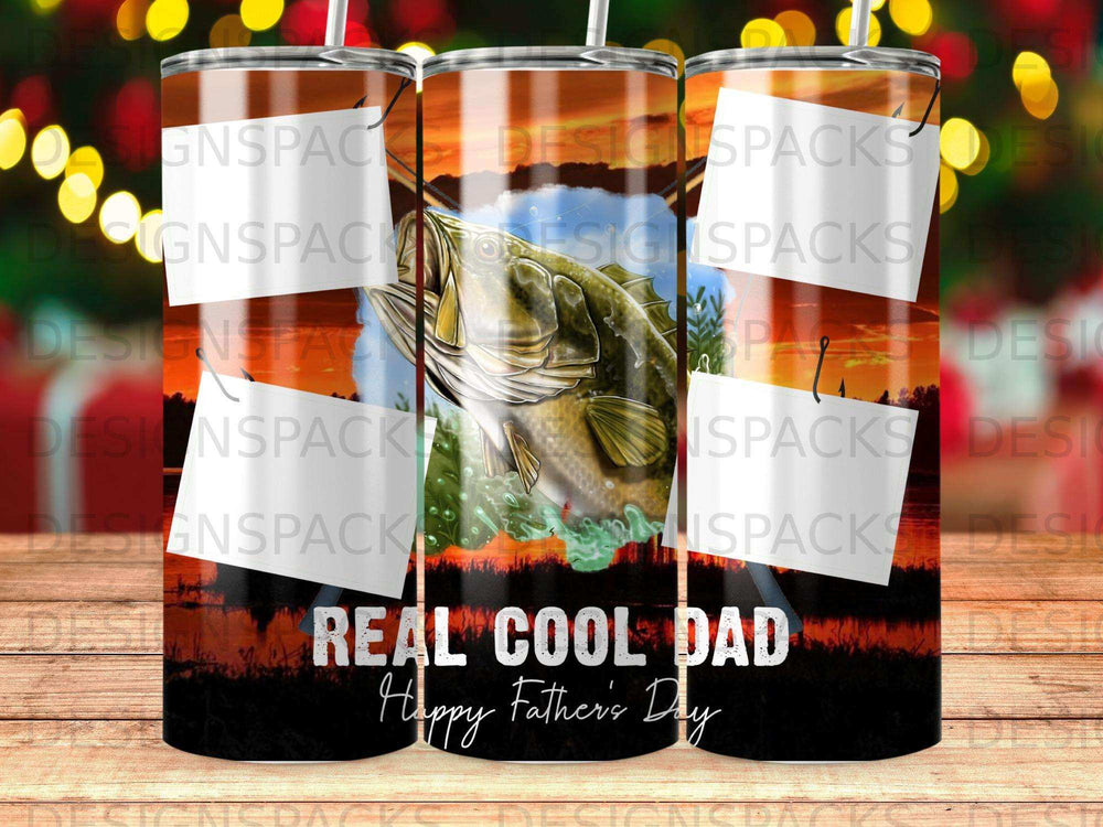 Tumbler with bass fishing graphic and "Real Cool Dad Happy Father's Day" text.