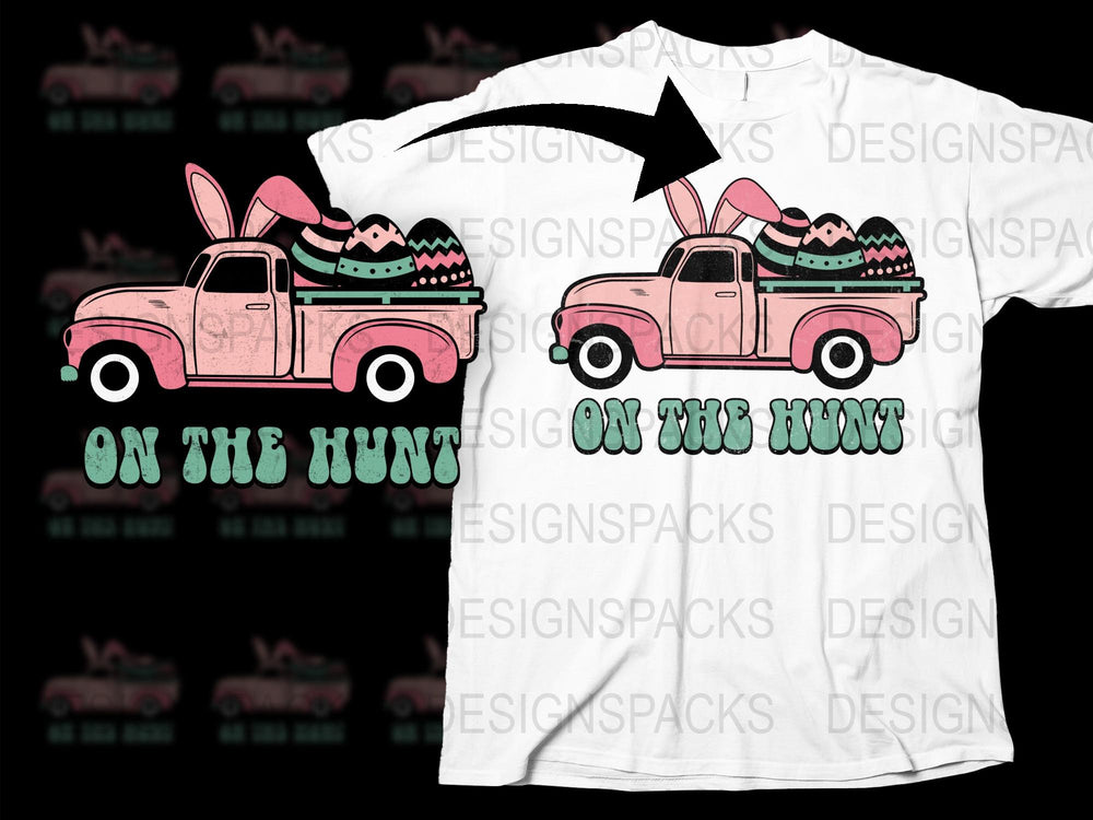 Easter Egg Hunt Pink Truck T-Shirt, Vintage Pickup Full of Eggs Design, Spring Holiday Casual Wear