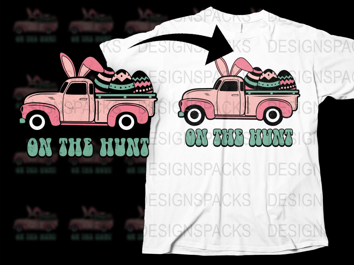 Easter Egg Hunt Pink Truck T-Shirt, Vintage Pickup Full of Eggs Design, Spring Holiday Casual Wear