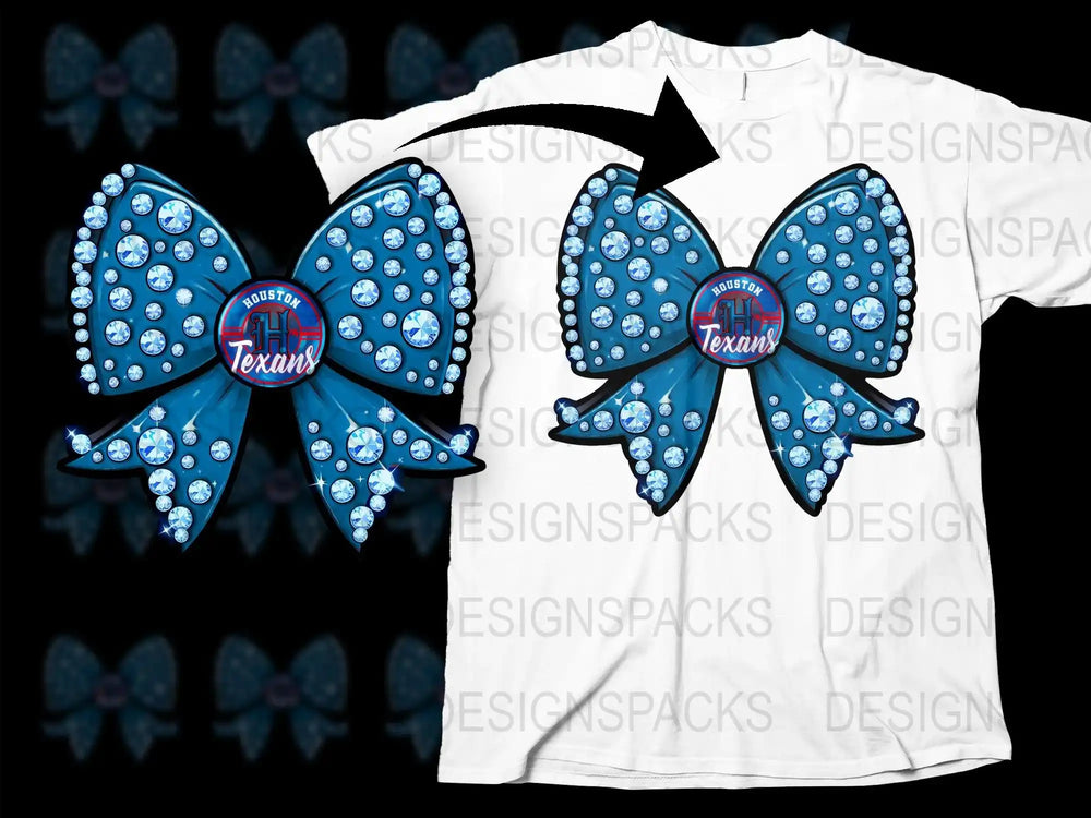 Houston Texans Inspired Rhinestone Bow Cheer Shirt, Blue Bow Team Spirit T-Shirt, Custom Fan Apparel