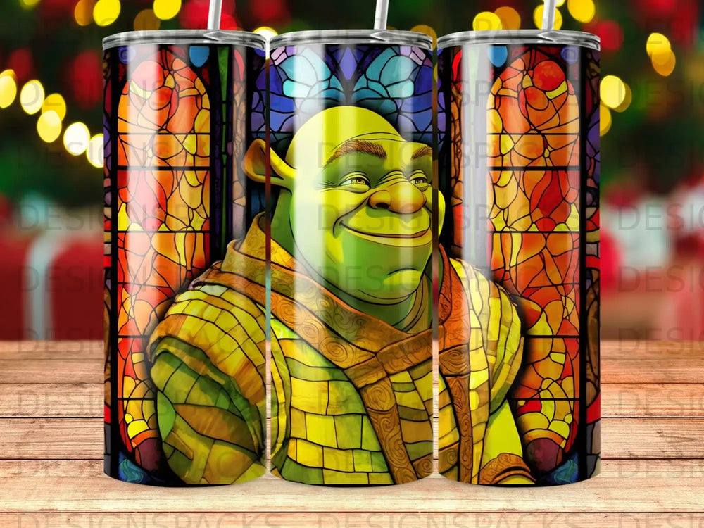 Shrek character with stained-glass background on a patterned tumbler.