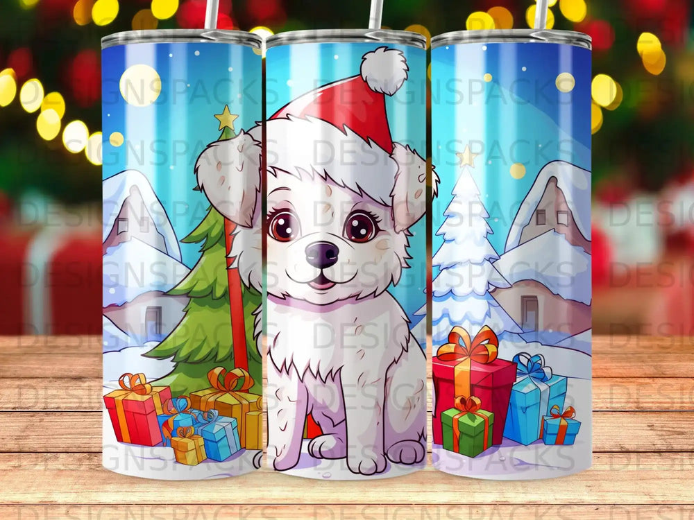 Christmas puppy wearing Santa hat surrounded by gifts and snowy trees.
