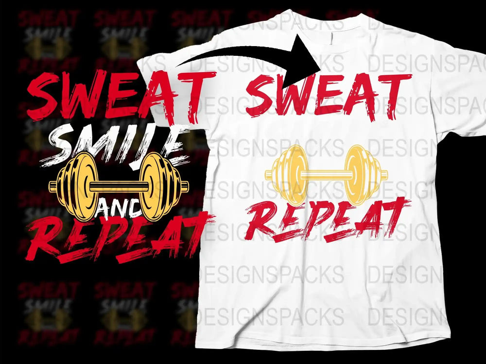 Workout Motivational T-Shirt, Sweat Smile and Repeat, Fitness Gym Tee, Unisex Graphic Shirt with Dumbbell Design
