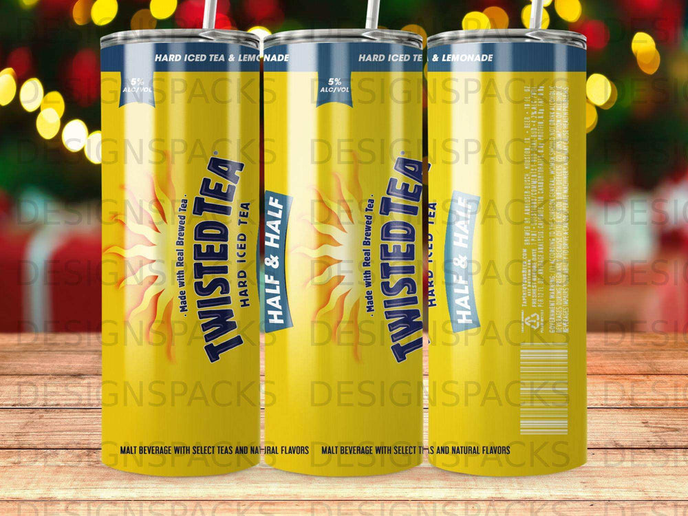 Twisted Tea Half & Half hard iced tea cans with "HARD ICED TEA & LEMONADE" text.