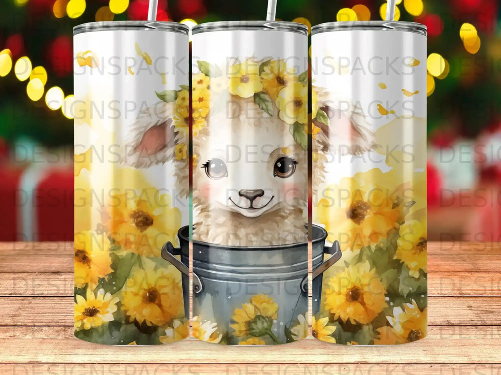 Cute llama with sunflowers in a bucket, surrounded by a floral pattern.