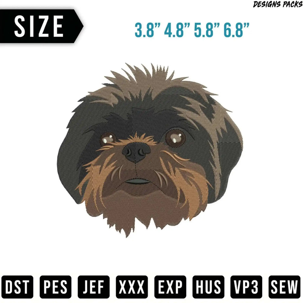 Embroidery design of a scruffy dog's head, with size and file type options.