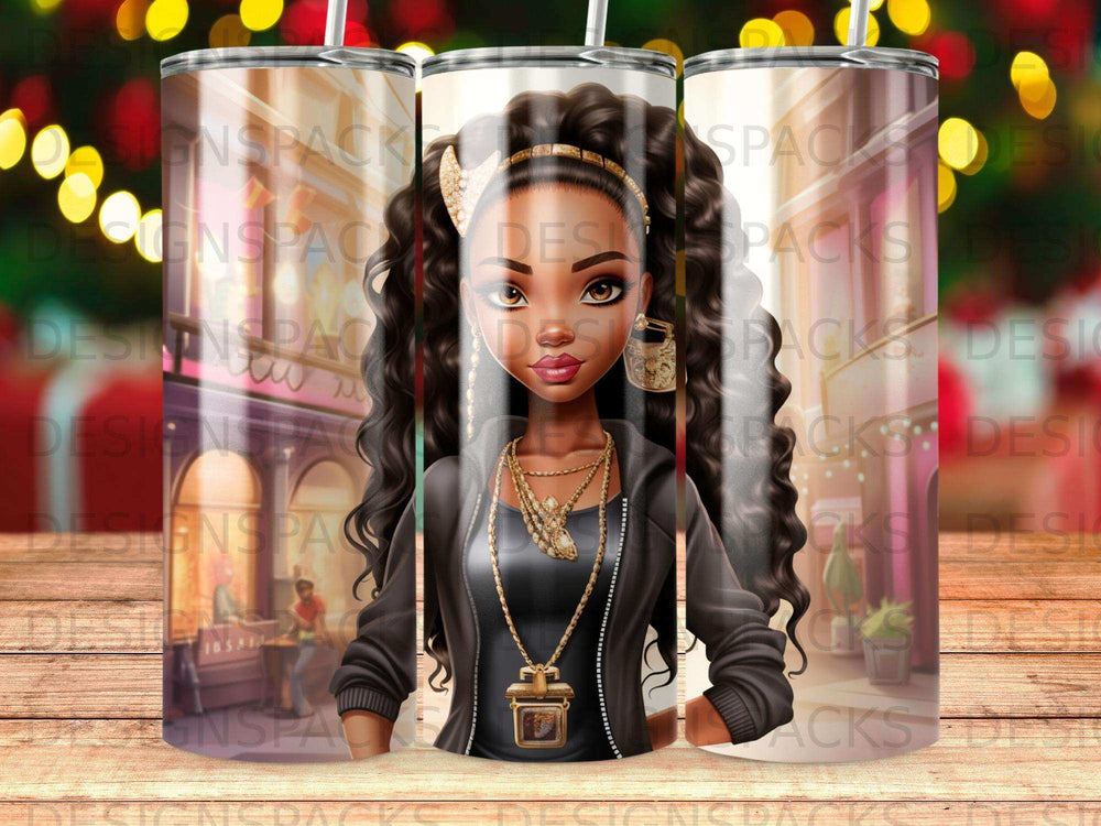 Illustration of a woman with dark curly hair and gold jewelry.