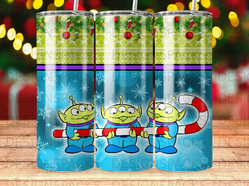 Three alien characters from Toy Story holding a candy cane on a festive background.