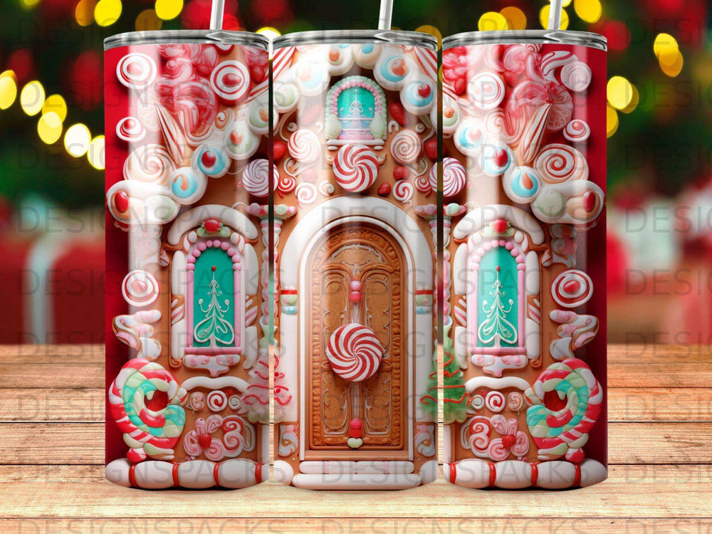 Gingerbread house with candy canes and swirling lollipop door decoration.