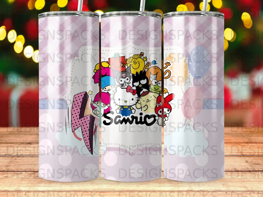 Sanrio characters and "4" graphic on a pink and white tumbler.