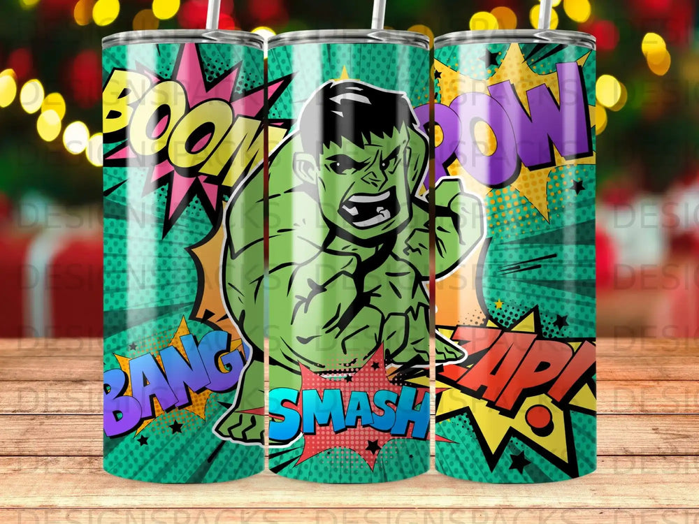 Hulk smashing with comic book "BOOM," "BANG," and "SMASH" on tumbler.