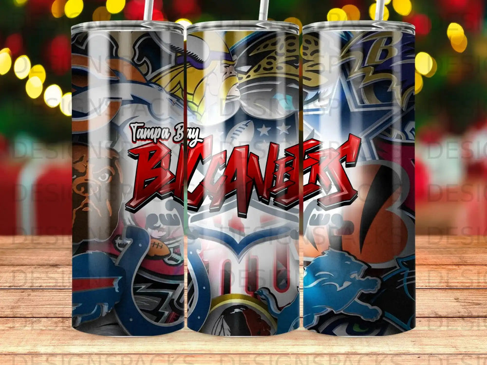 Tampa Bay Buccaneers logo and team imagery on a patterned tumbler.