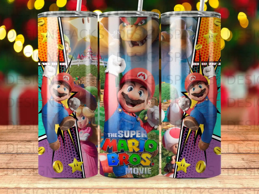 Super Mario Bros. Movie tumbler with Mario, Peach, Bowser, and stars.