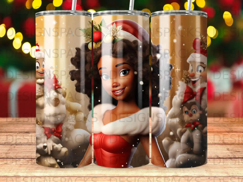Cartoon woman with red dress, snow, and Christmas ornaments on tumblers.