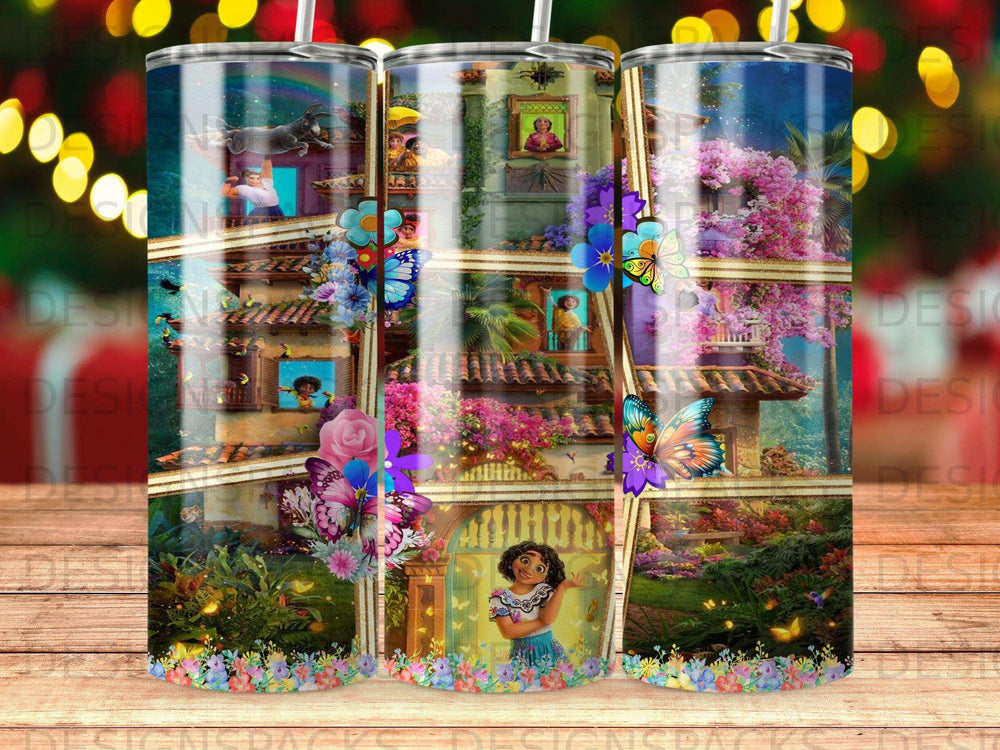 Mirabel Madrigal in Encanto surrounded by colorful flowers, butterflies, and magical casita elements.