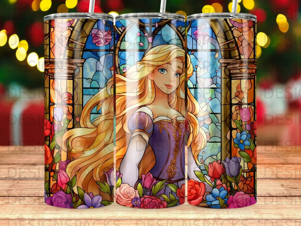 Stained glass princess with long blonde hair, surrounded by colorful flowers.