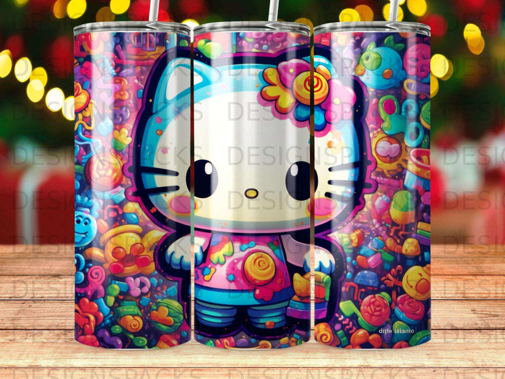 Kawaii Hello Kitty character surrounded by colorful cartoon toys and shapes.