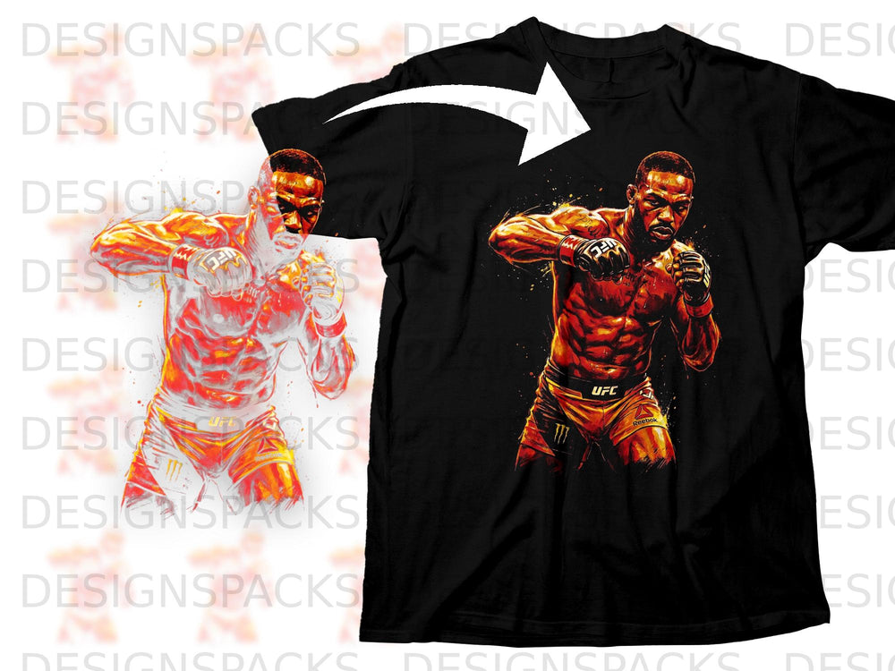 Black t-shirt featuring a graphic of MMA fighter Jon Jones in fighting stance.